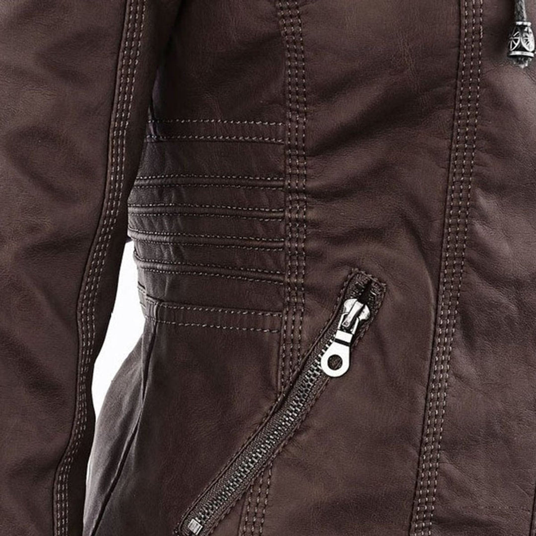 Florence | Women's Hooded Faux Leather Removable Hood Biker Coat