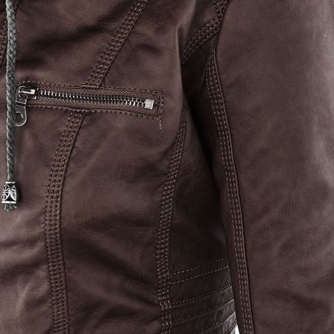 Florence | Women's Hooded Faux Leather Removable Hood Biker Coat