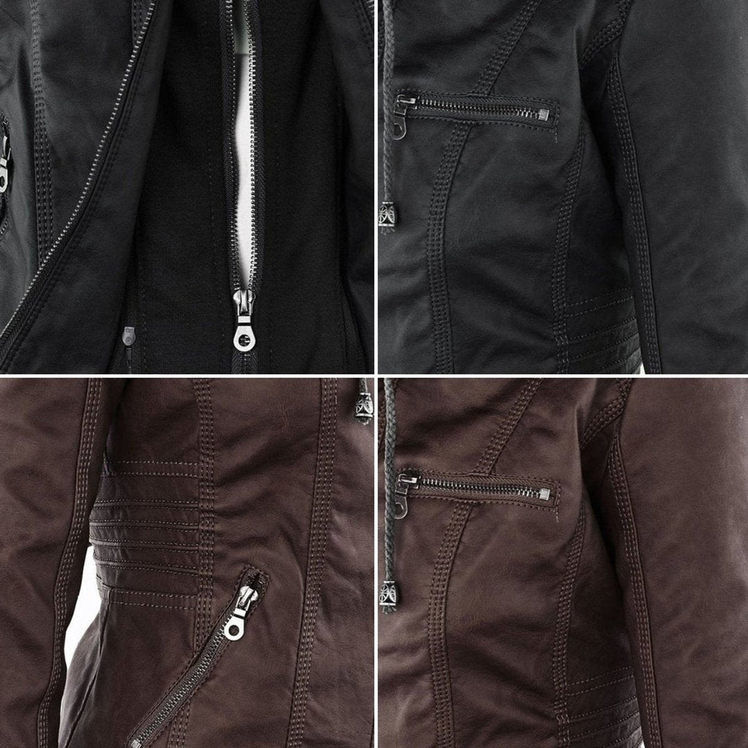Florence | Women's Hooded Faux Leather Removable Hood Biker Coat