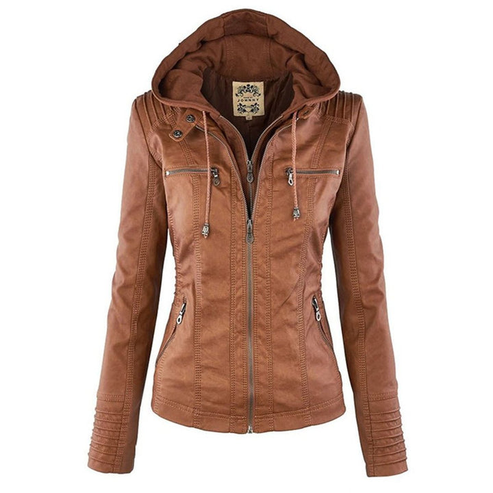 Florence | Women's Hooded Faux Leather Removable Hood Biker Coat