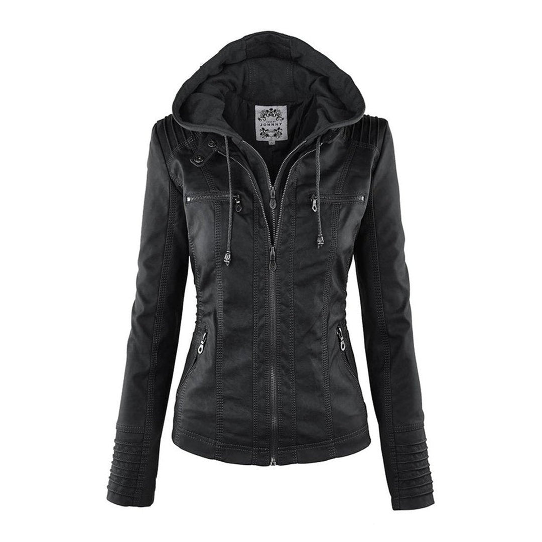 Florence | Women's Hooded Faux Leather Removable Hood Biker Coat
