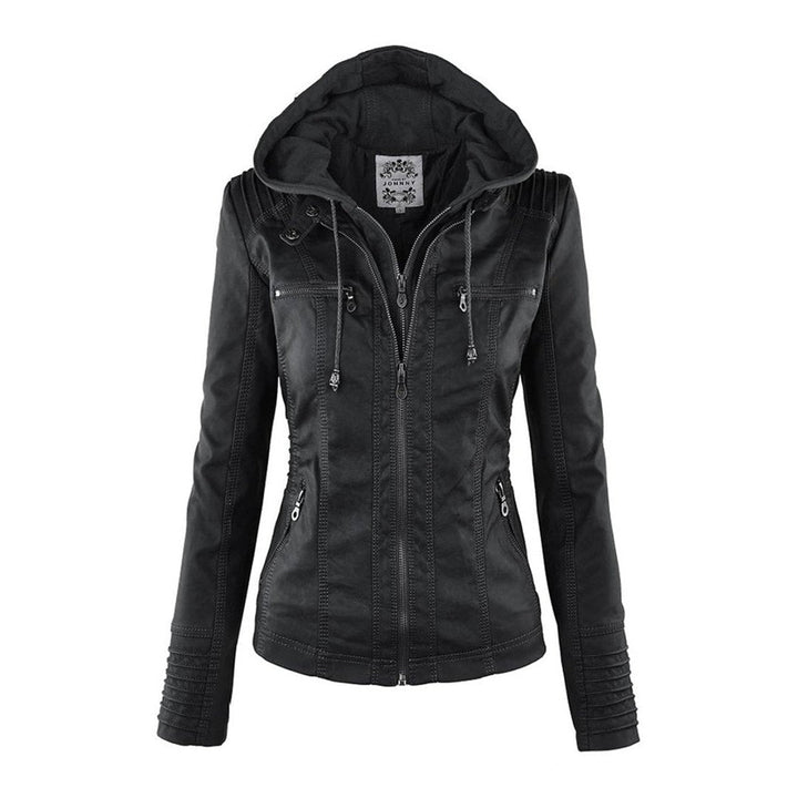 Florence | Women's Hooded Faux Leather Removable Hood Biker Coat
