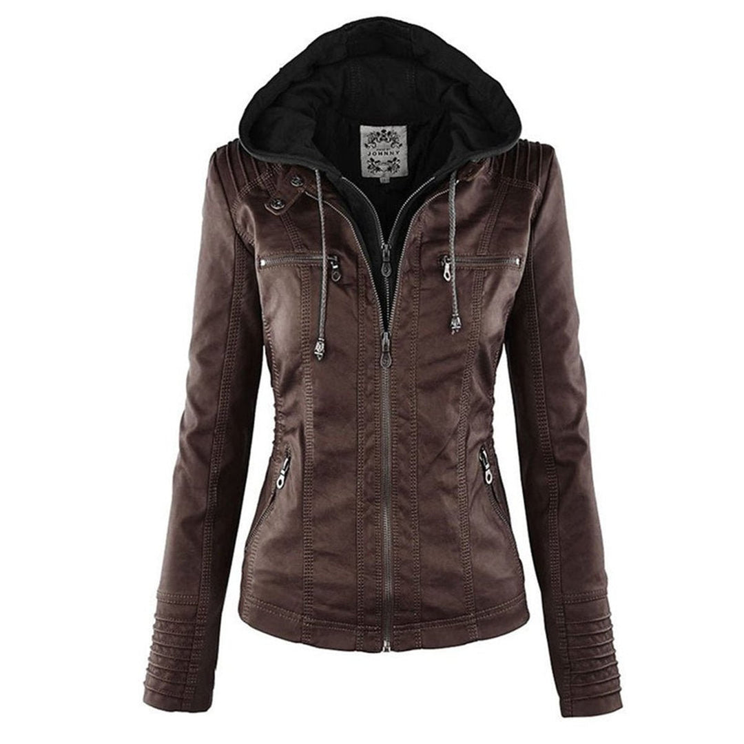 Florence | Women's Hooded Faux Leather Removable Hood Biker Coat