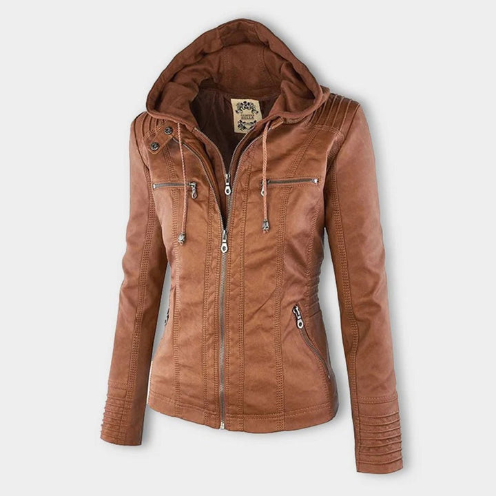 Florence | Women's Hooded Faux Leather Removable Hood Biker Coat