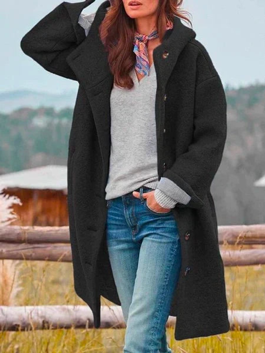 Ava | Women's Hooded Fleece Wool Coat Long Button-Up Ladies Jacket