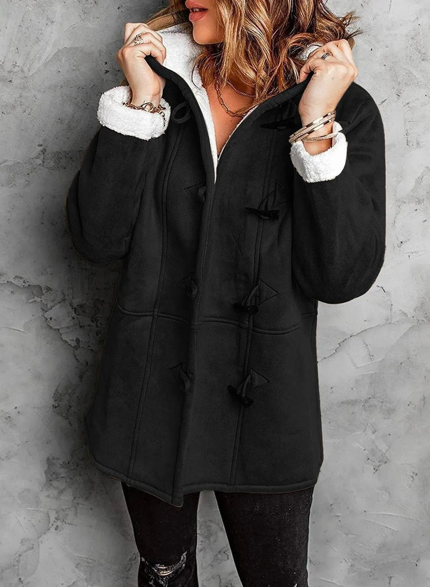 Ava | Women's Hooded Sherpa-Lined Suede Coat Toggle Fastening