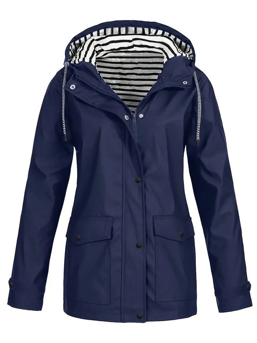 Ella | Women's Hooded Waterproof Striped-Lined Zip-Up Rain Coat