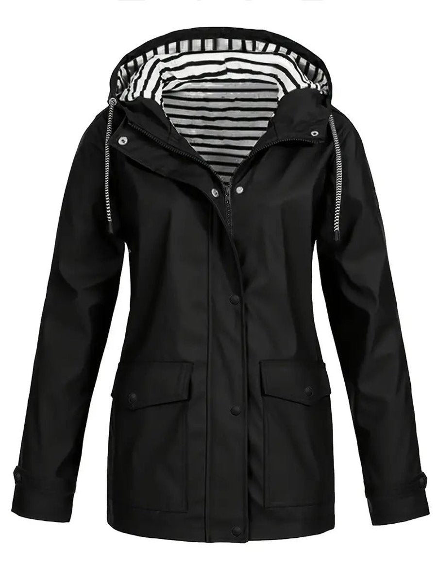 Ella | Women's Hooded Waterproof Striped-Lined Zip-Up Rain Coat
