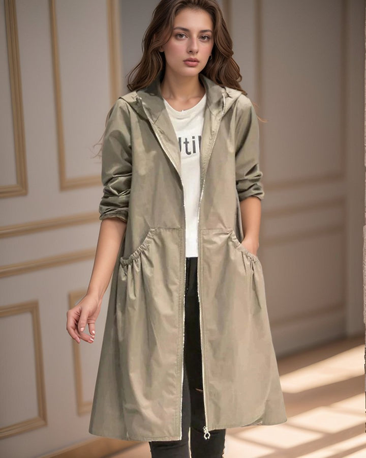 Ava | Women's Hooded Waterproof Trench Coat Knee-Length Relaxed Fit