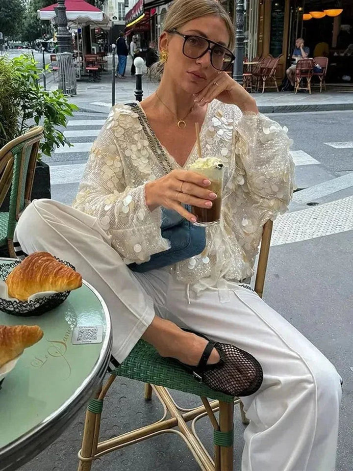 Mia | Women's Ivory Sequin Long-Sleeve V-Neck Wrap Blouse