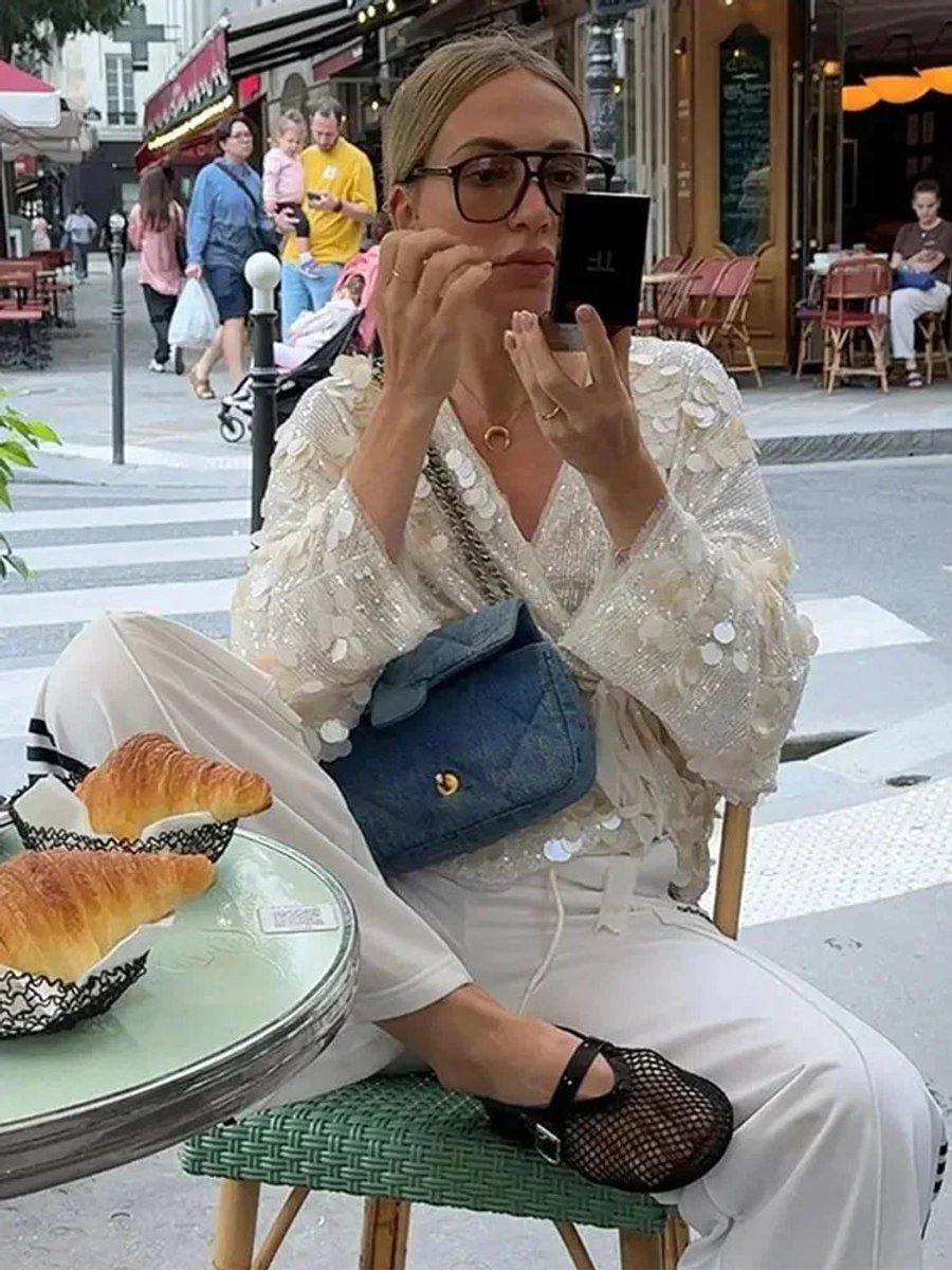 Mia | Women's Ivory Sequin Long-Sleeve V-Neck Wrap Blouse