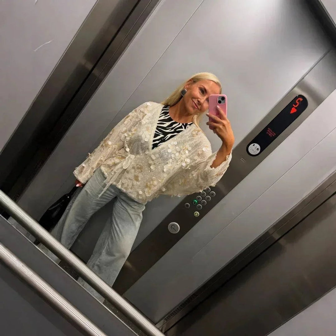 Mia | Women's Ivory Sequin Long-Sleeve V-Neck Wrap Blouse