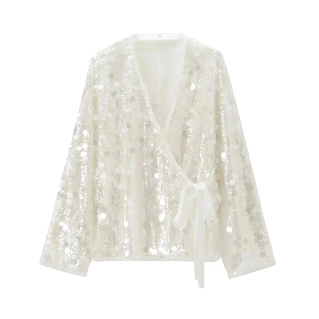 Mia | Women's Ivory Sequin Long-Sleeve V-Neck Wrap Blouse