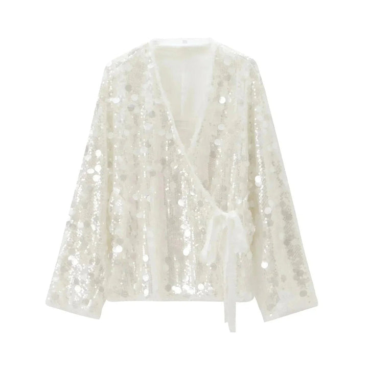 Mia | Women's Ivory Sequin Long-Sleeve V-Neck Wrap Blouse