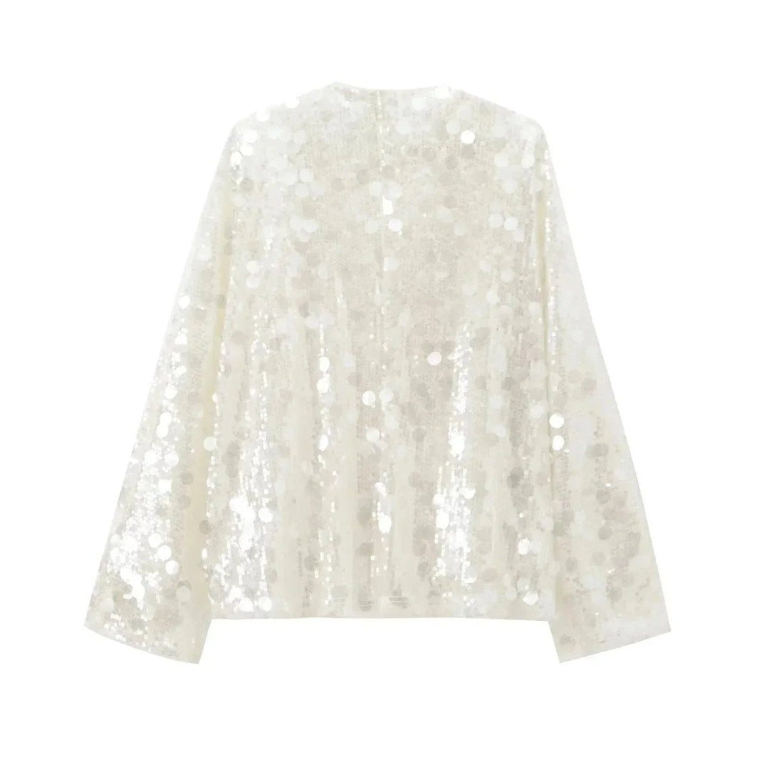 Mia | Women's Ivory Sequin Long-Sleeve V-Neck Wrap Blouse