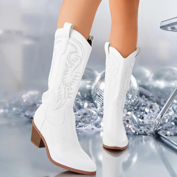 Florence | Women's Knee-High Block-Heel Western Cowboy Boots Embroidered
