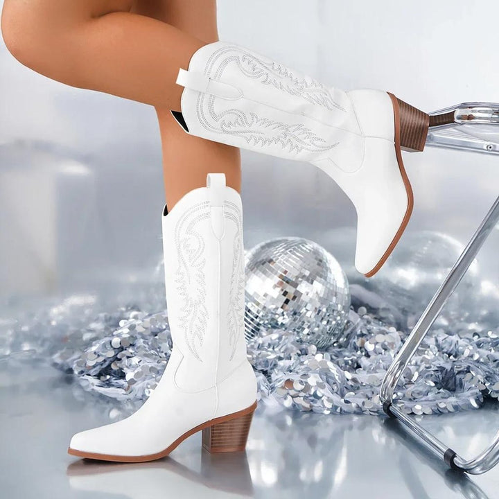 Florence | Women's Knee-High Block-Heel Western Cowboy Boots Embroidered
