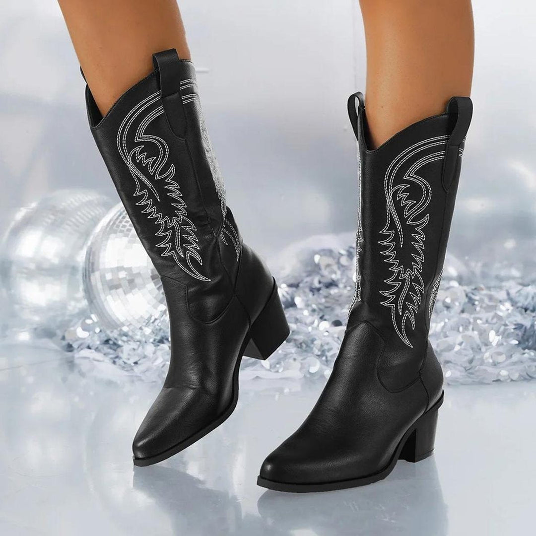 Florence | Women's Knee-High Block-Heel Western Cowboy Boots Embroidered