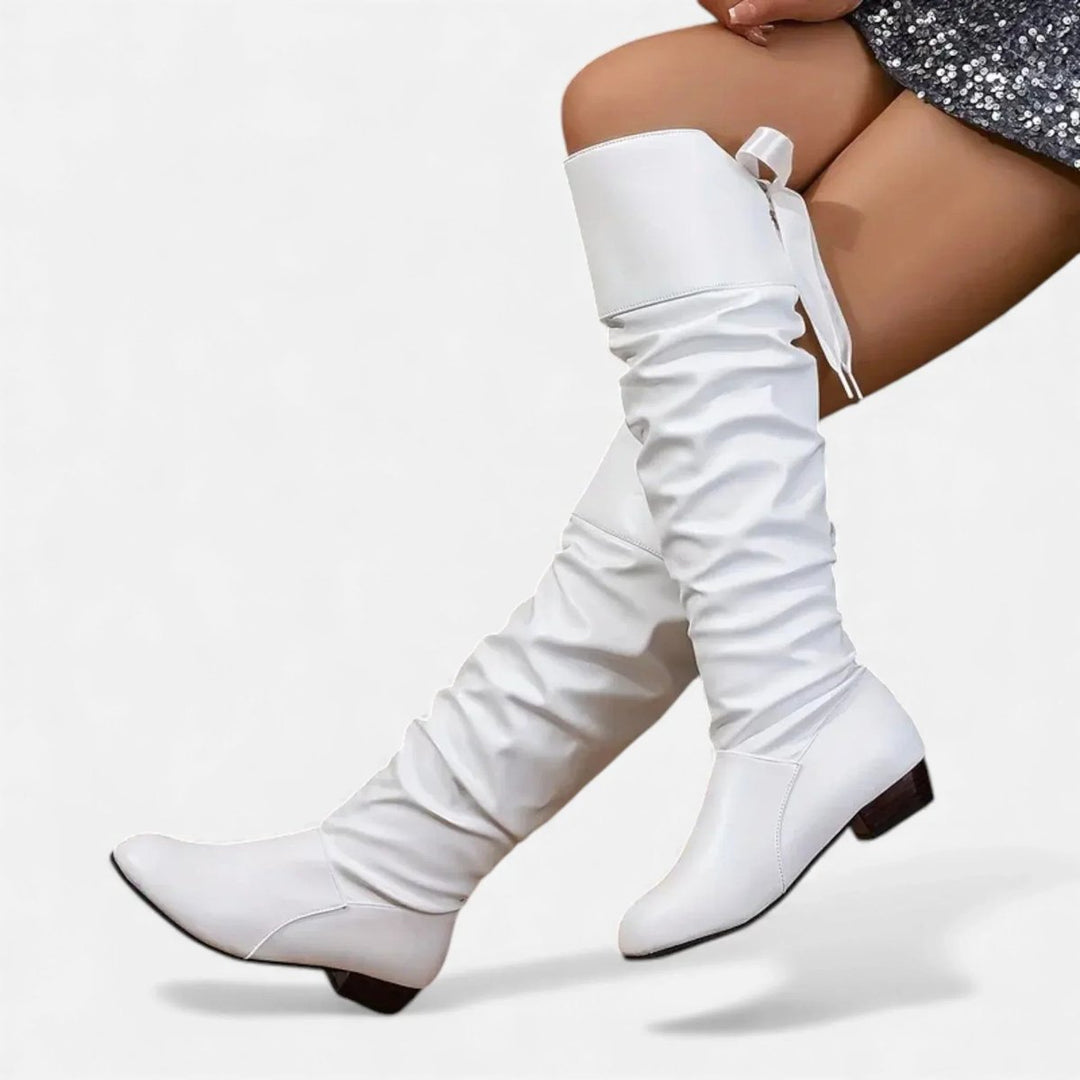 Sienna | Women's Knee-High Faux Leather Low-Heel Slouch Boots Bow Detail