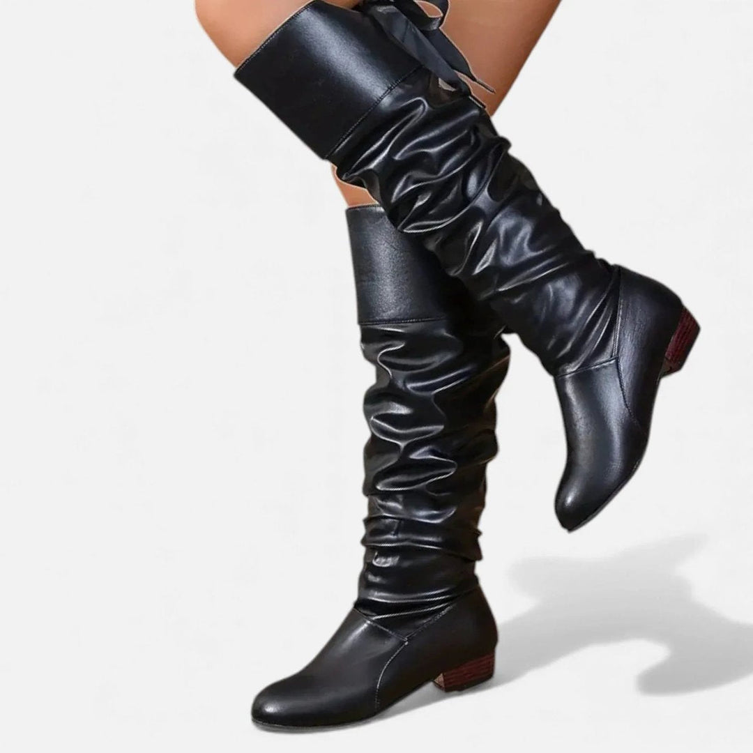 Sienna | Women's Knee-High Faux Leather Low-Heel Slouch Boots Bow Detail