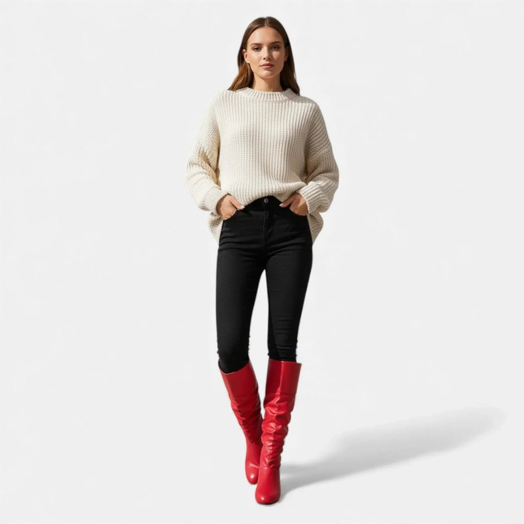 Sienna | Women's Knee-High Faux Leather Low-Heel Slouch Boots Bow Detail