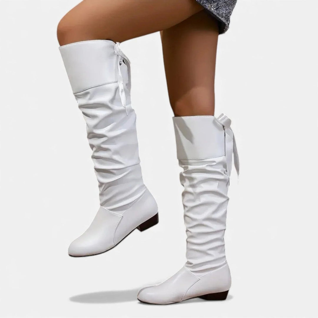 Sienna | Women's Knee-High Faux Leather Low-Heel Slouch Boots Bow Detail