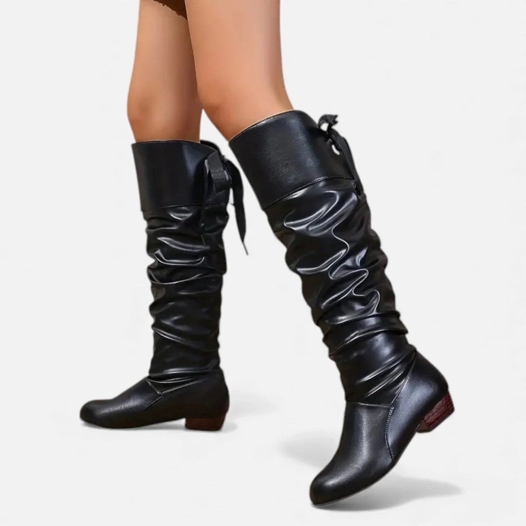 Sienna | Women's Knee-High Faux Leather Low-Heel Slouch Boots Bow Detail