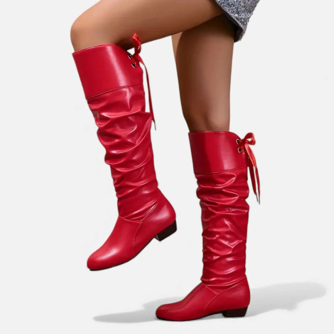 Sienna | Women's Knee-High Faux Leather Low-Heel Slouch Boots Bow Detail