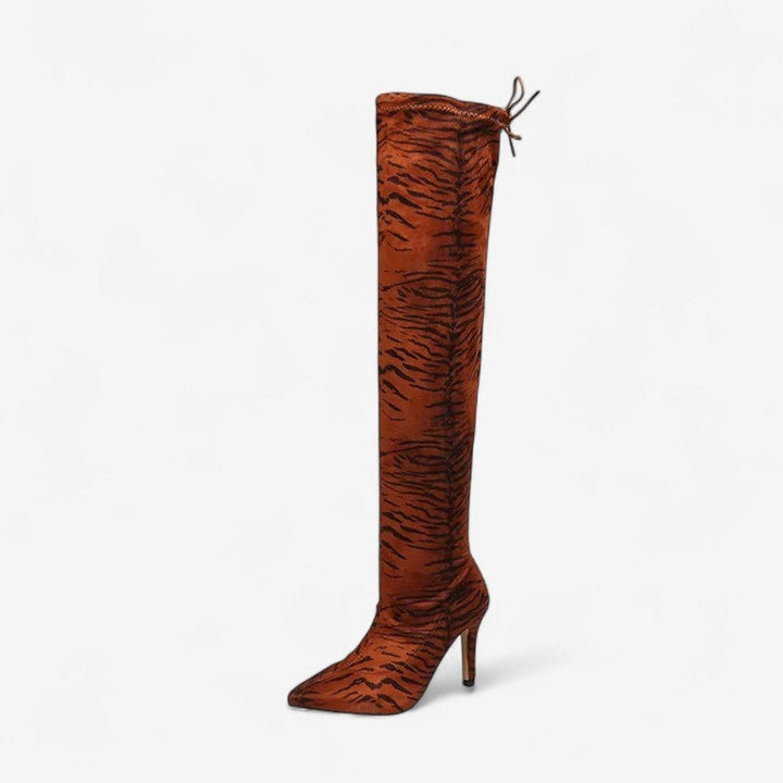 Sophie | Women's Knee-High Heeled Boots Pointed-Toe Tiger-Print Stiletto