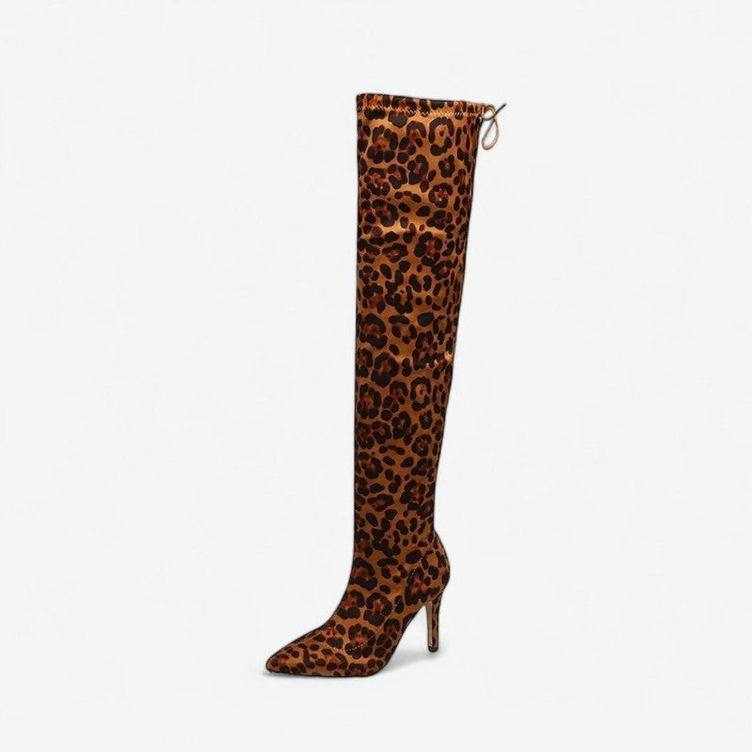 Sophie | Women's Knee-High Heeled Boots Pointed-Toe Tiger-Print Stiletto