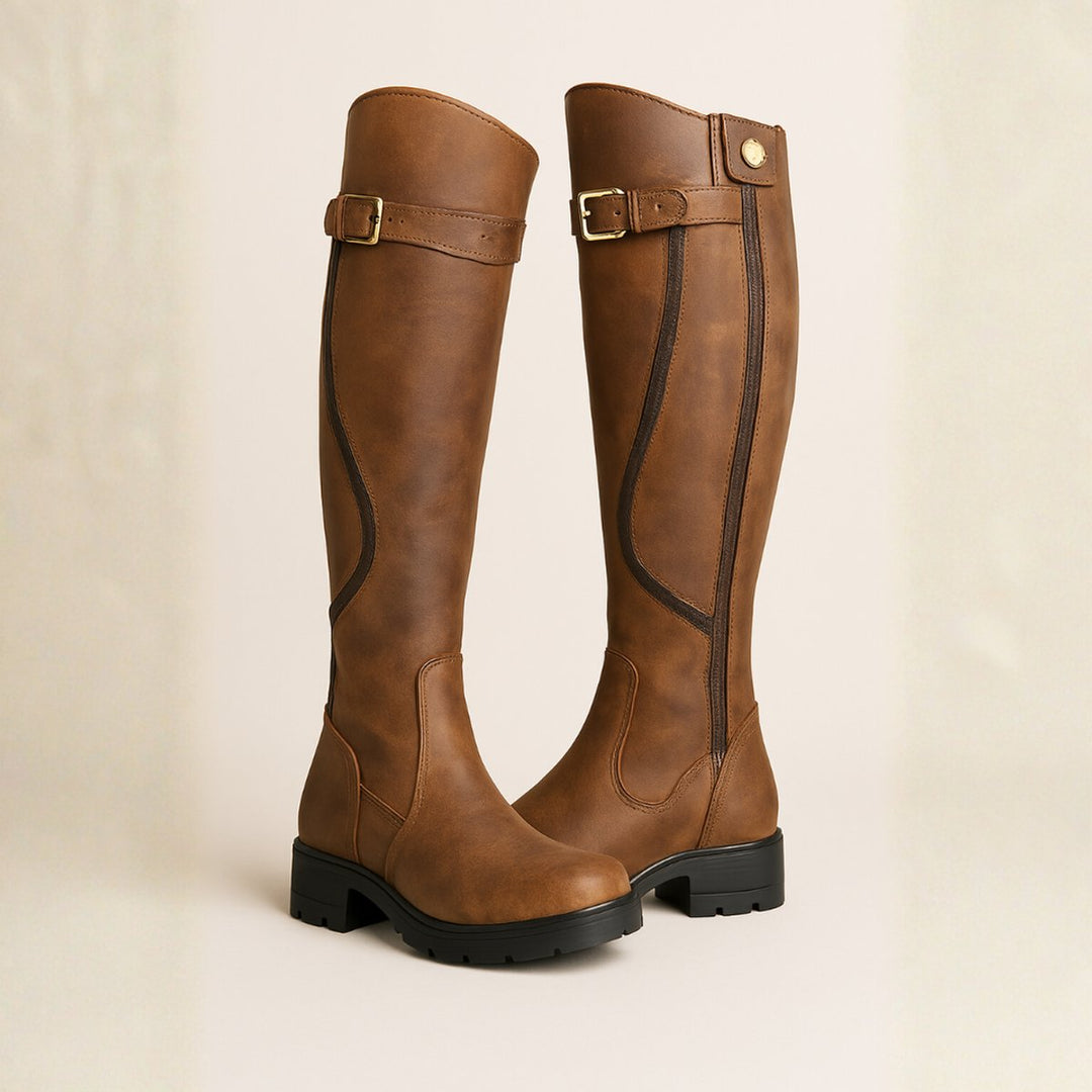 Evelyn | Women's Knee-High Leather-Look Block-Heel Riding Boots Gold Buckle