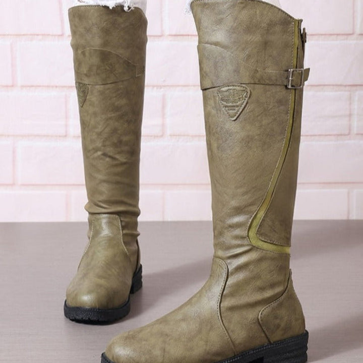 Evelyn | Women's Knee-High Leather-Look Block-Heel Riding Boots Gold Buckle