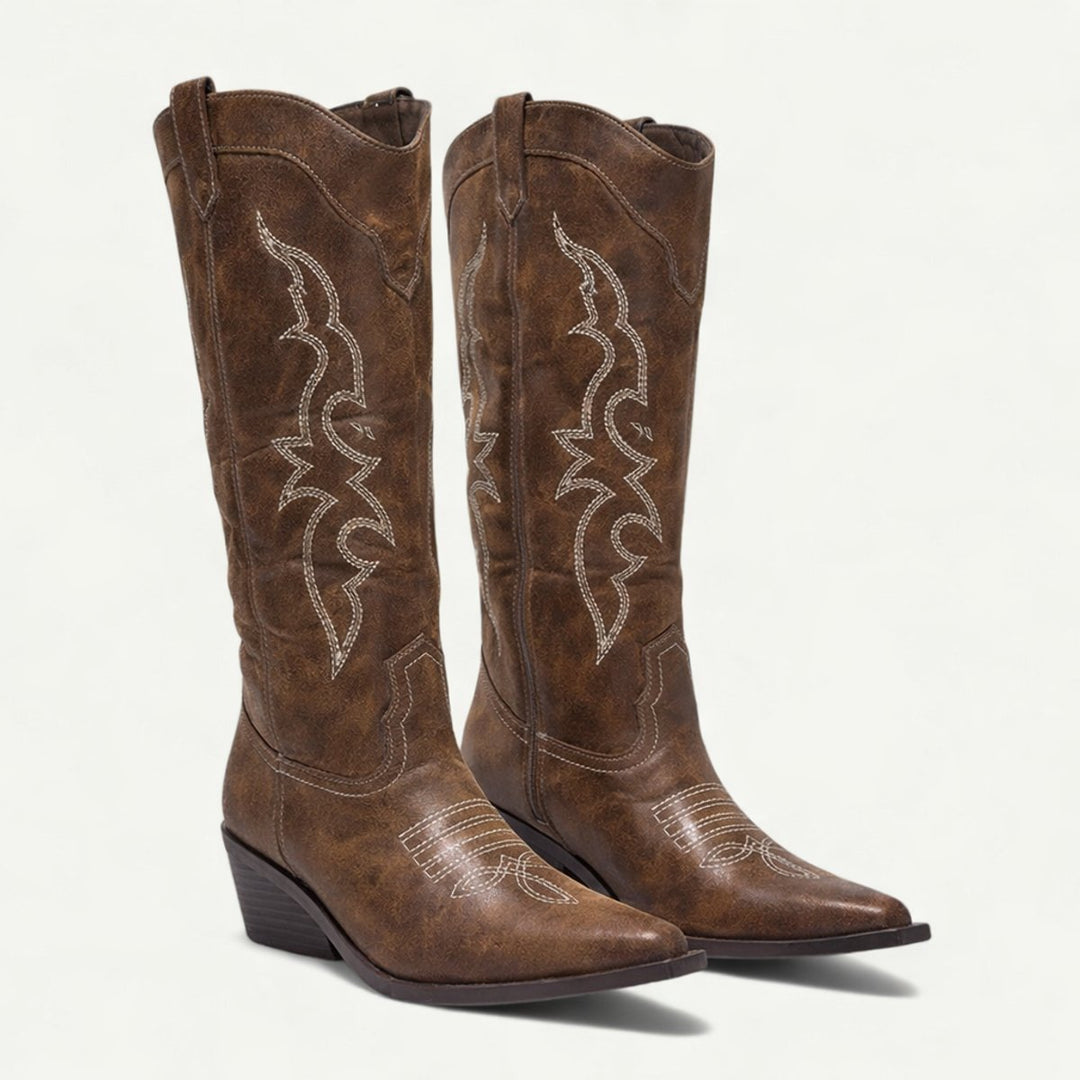 Ivy | Women's Knee-High Leather Western Cowboy Heeled Boots Pointed Toe