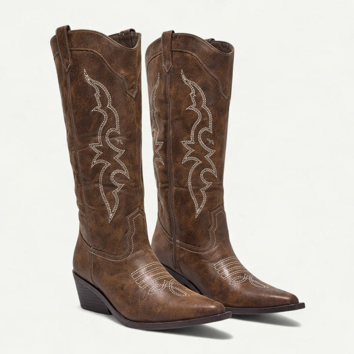 Ivy | Women's Knee-High Leather Western Cowboy Heeled Boots Pointed Toe
