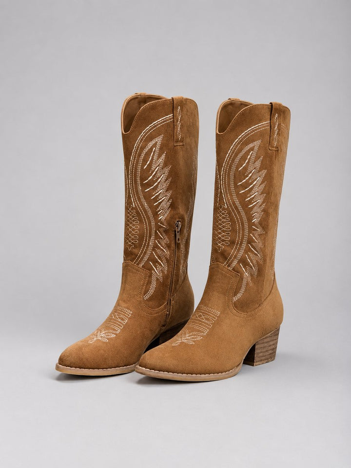 Freya | Women's Knee-High Suede Cowboy Heeled Boots Western Embroidered