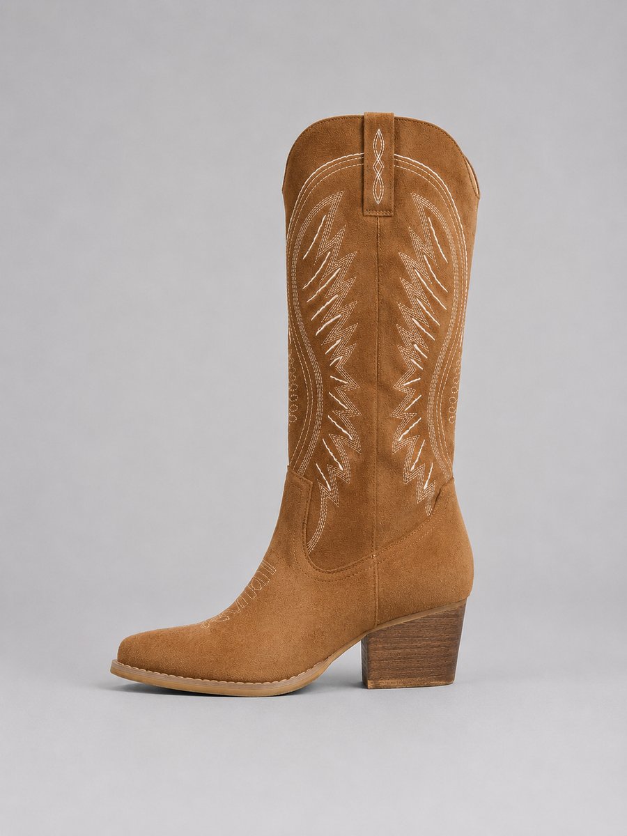 Freya | Women's Knee-High Suede Cowboy Heeled Boots Western Embroidered