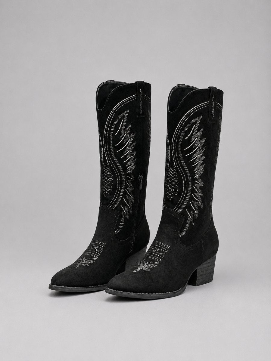 Freya | Women's Knee-High Suede Cowboy Heeled Boots Western Embroidered