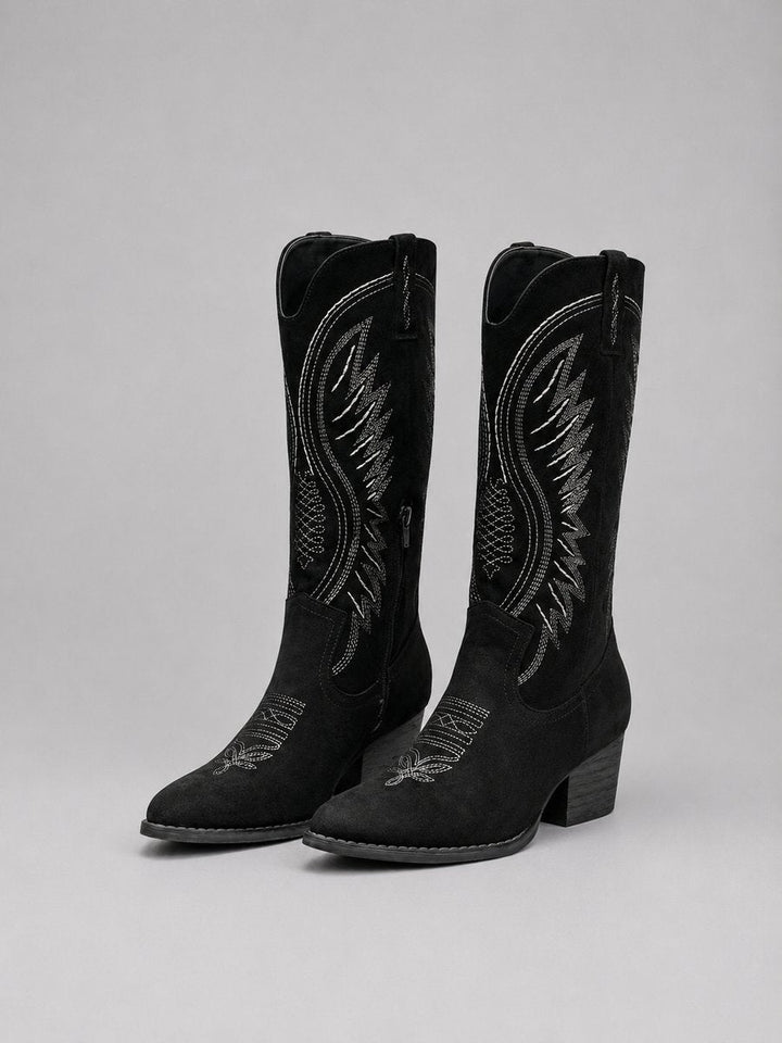 Freya | Women's Knee-High Suede Cowboy Heeled Boots Western Embroidered