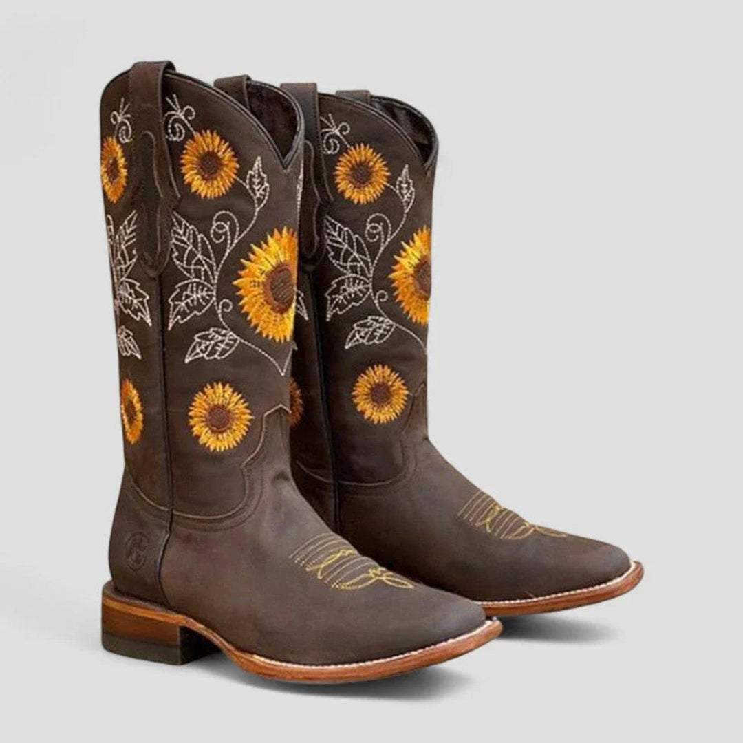 Aria | Women's Knee-High Western Embroidered Low-Heel Boots