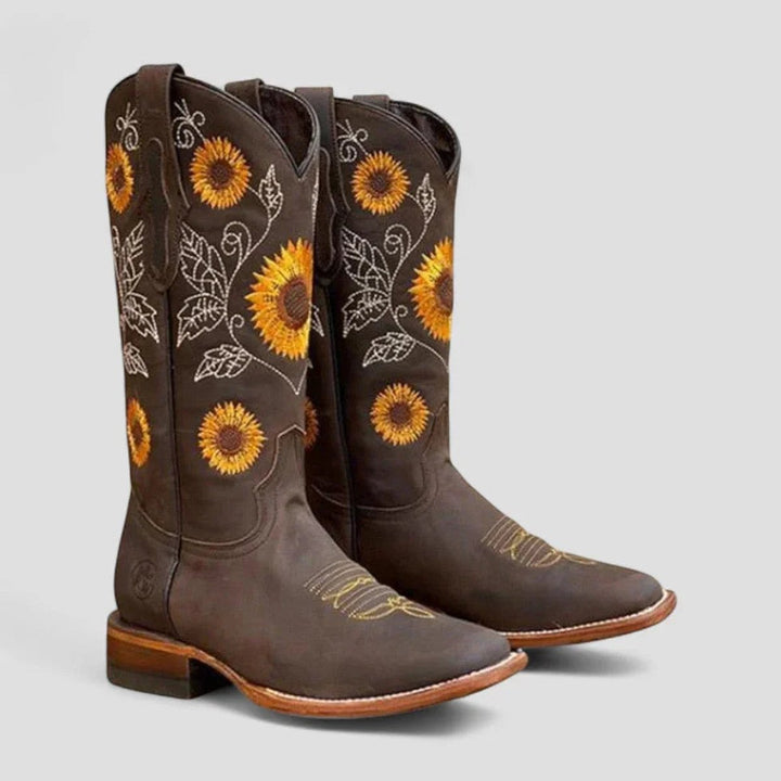 Aria | Women's Knee-High Western Embroidered Low-Heel Boots