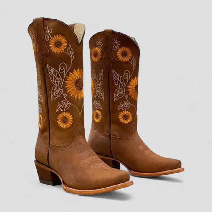 Aria | Women's Knee-High Western Embroidered Low-Heel Boots