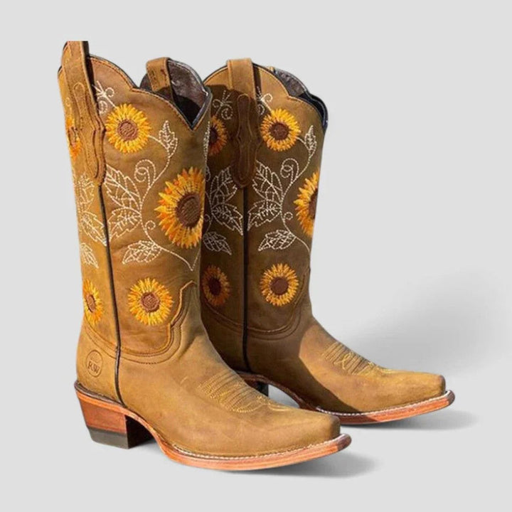 Aria | Women's Knee-High Western Embroidered Low-Heel Boots