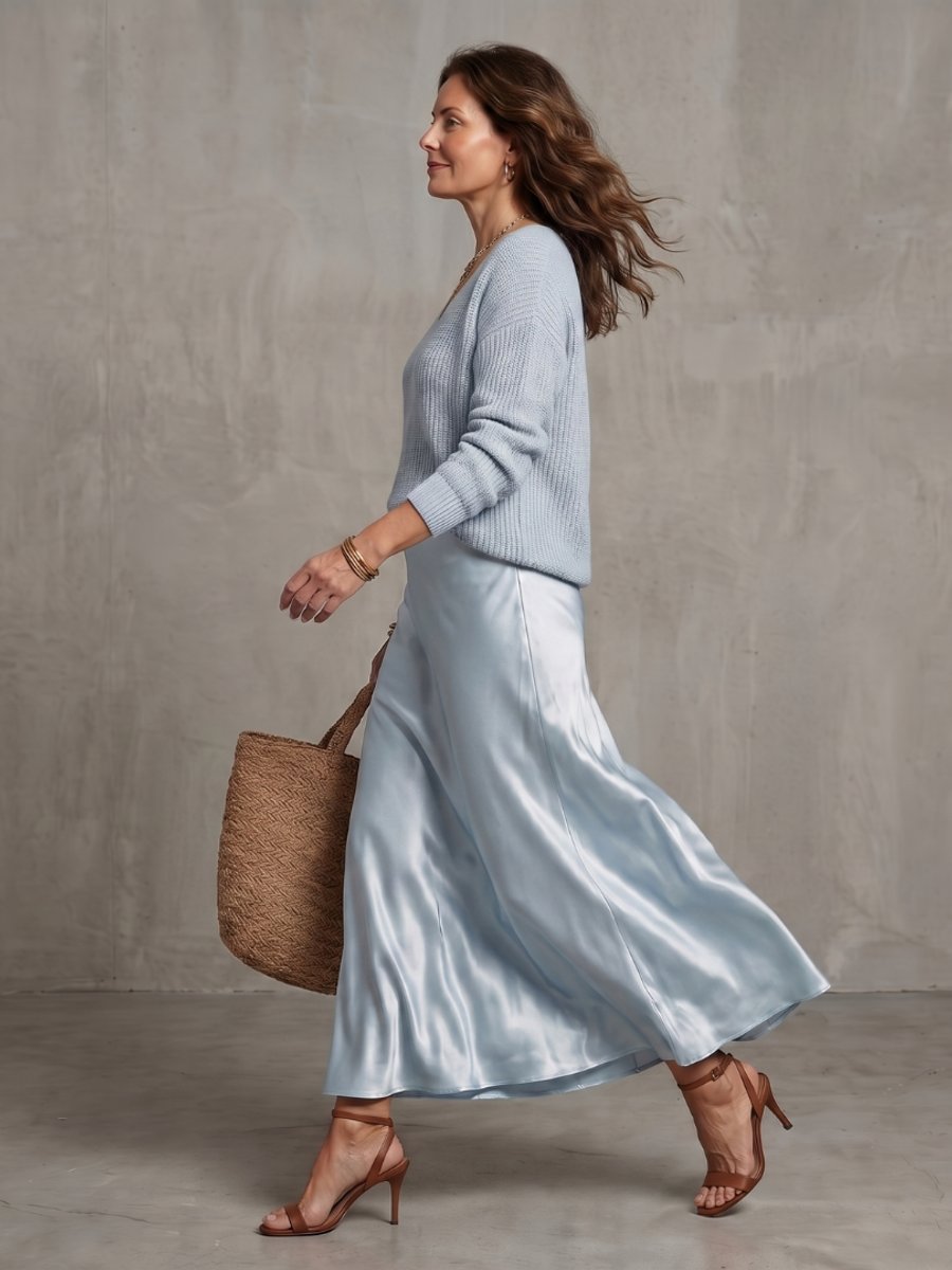 Scarlett | Women's Knitted Jumper & Satin Midi Skirt Two-Piece Set