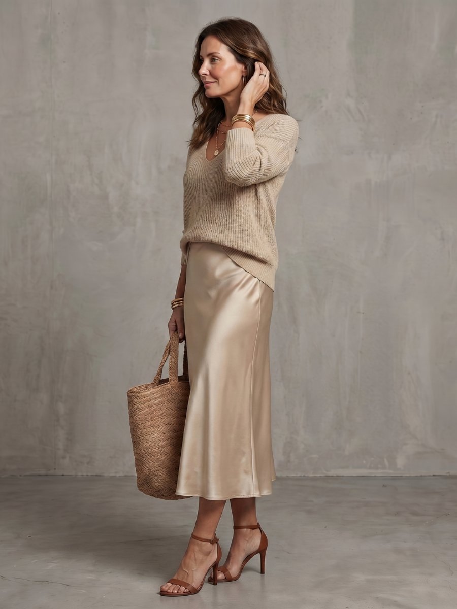 Scarlett | Women's Knitted Jumper & Satin Midi Skirt Two-Piece Set