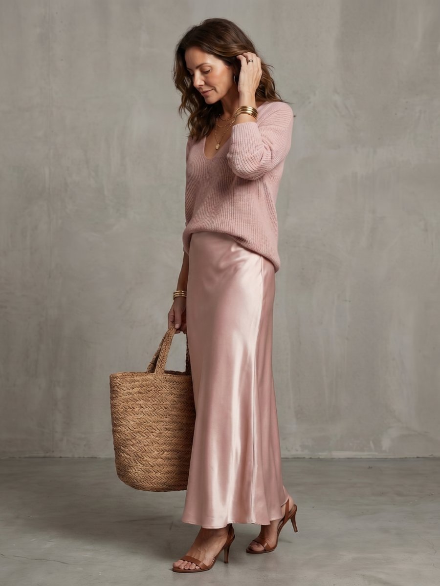 Scarlett | Women's Knitted Jumper & Satin Midi Skirt Two-Piece Set