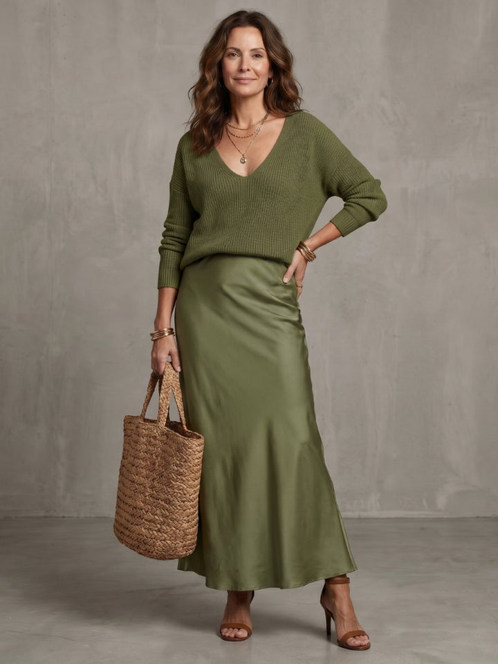 Scarlett | Women's Knitted Jumper & Satin Midi Skirt Two-Piece Set