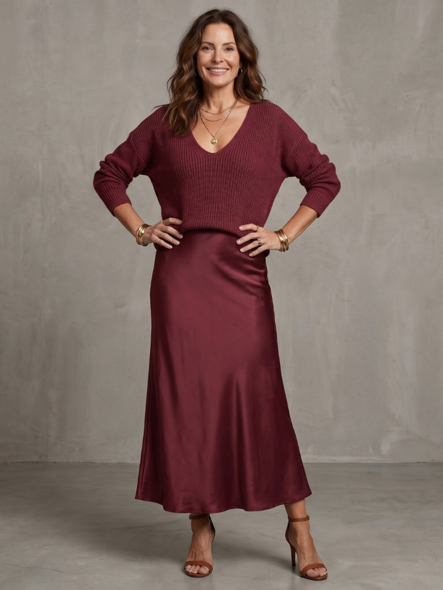 Scarlett | Women's Knitted Jumper & Satin Midi Skirt Two-Piece Set