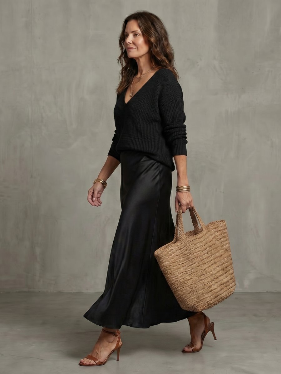 Scarlett | Women's Knitted Jumper & Satin Midi Skirt Two-Piece Set