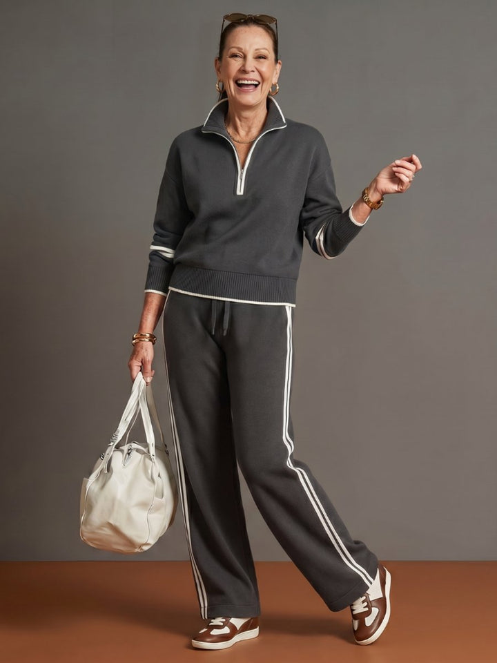 Rosie | Women's Knitted Quarter-Zip Wide-Leg Stripe Loungewear Set