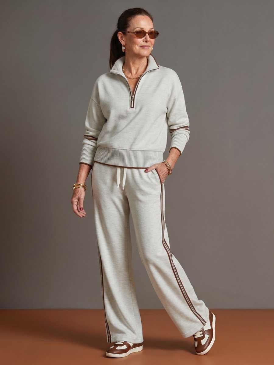 Rosie | Women's Knitted Quarter-Zip Wide-Leg Stripe Loungewear Set